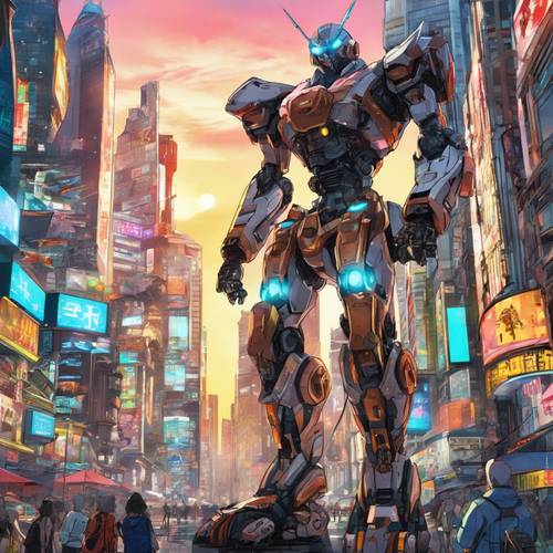 A spectacular portrayal of futuristic anime robot characters against a backdrop of a bustling high-tech city.