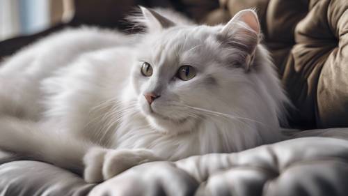 Gato elegante con pelaje blanco y plateado tumbado sobre un cojín de terciopelo.