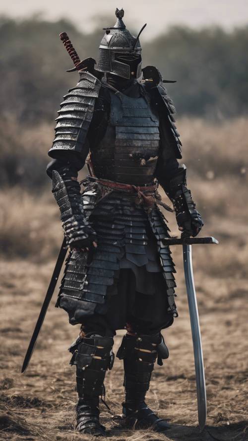 Um samurai forte, com armadura preta e equipamento completo, em meio a um campo de batalha.