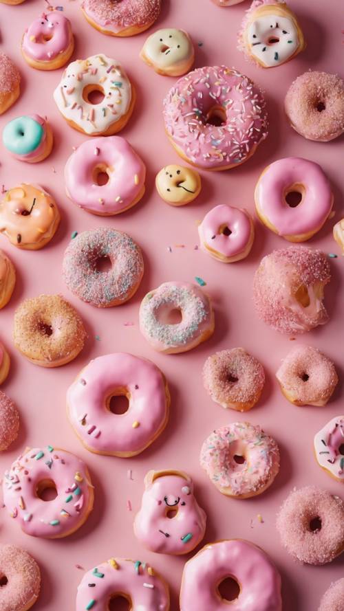 Pastel pink kawaii donuts with cheerful faces.