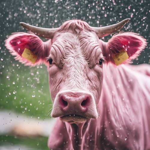 Durch eine Weichzeichnerlinse gesehen genießt eine rosa Kuh einen Frühlingsregen.