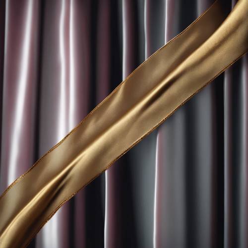 An antique golden ribbon swaying against a backdrop of velvet curtains.