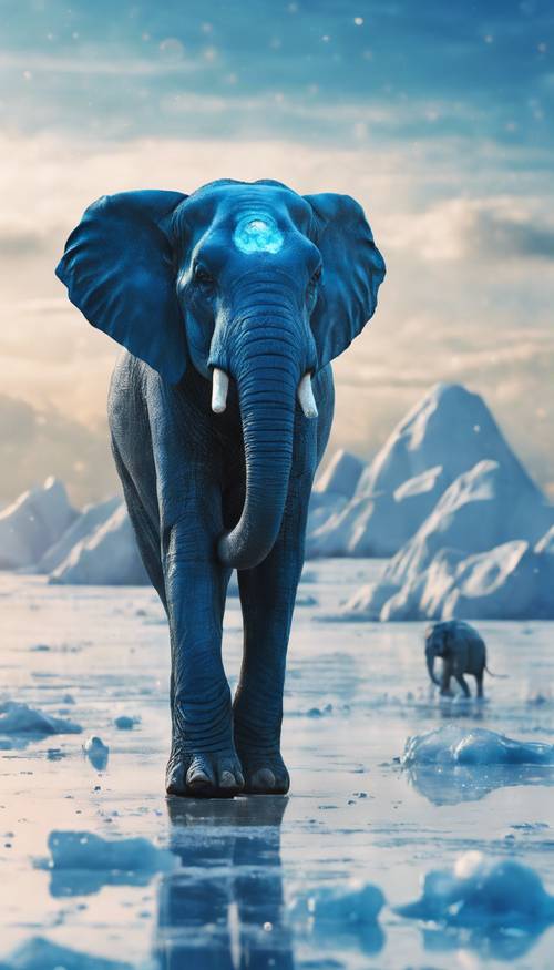 Ein blauer Elefant mit außerirdischem Gesichtsausdruck, der auf einem entfernten blauen Eisplaneten läuft.