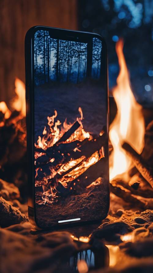 An iPhone 12 Pro in Pacific Blue with a crackling bonfire reflected at nighttime on its camera lenses, creating a warm and cozy atmosphere.