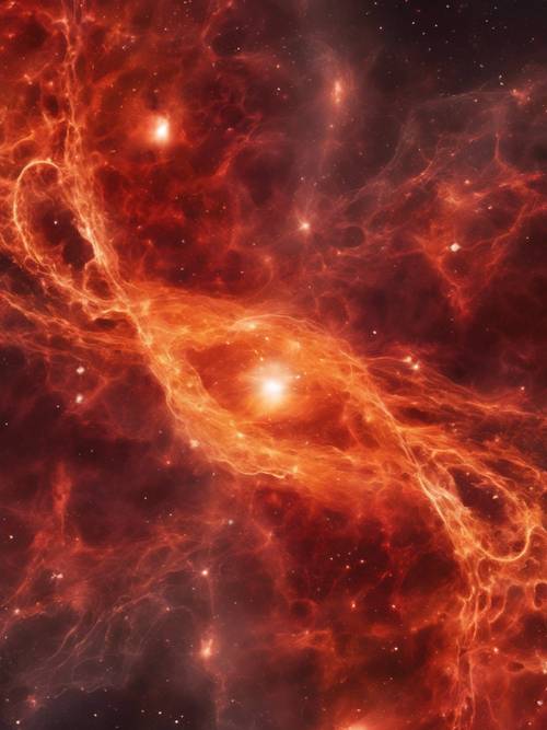 赤とオレンジ色の星雲が混沌として移動して美しい抽象的な模様を形成し、果てしないループの中で迷子になる