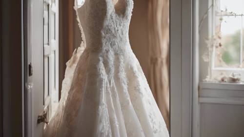 Breathtaking wedding dress hanging on the door. Ταπετσαρία [c9b2ea532330480d8bf6]