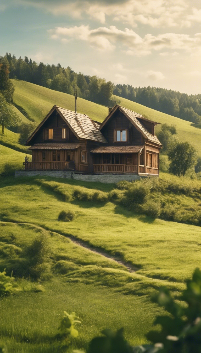 A serene countryside landscape with a wooden cottage nestled among green rolling hills under a bright, sunny sky Tapet[f86dcb9f85164298844b]