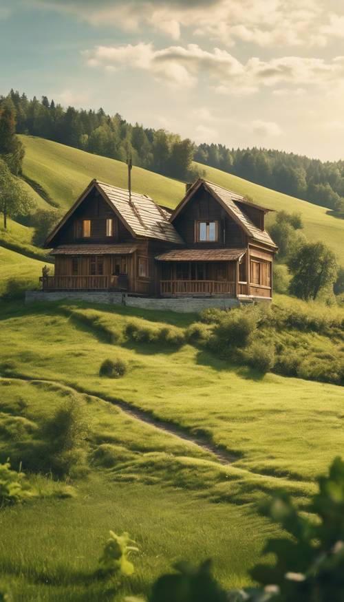 A serene countryside landscape with a wooden cottage nestled among green rolling hills under a bright, sunny sky