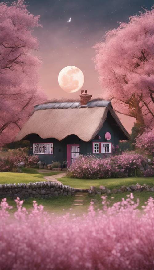 A charming countryside scene featuring a thatched-roof cottage and a pink moon. Tapeta [75f73bae6c934f289dba]