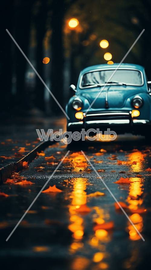 가을 거리의 빈티지 블루 자동차