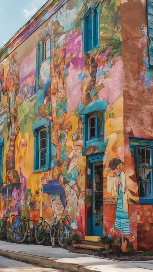 St. Augustine&#39;de şehrin uzun tarihini renkli sanat eserleriyle anlatan canlı bir duvar resmi.
