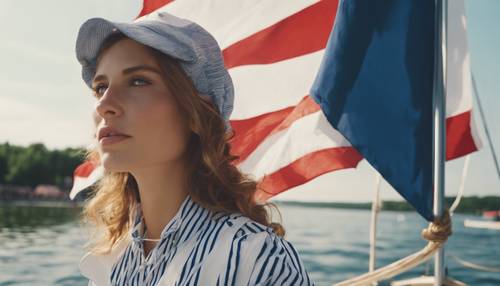 Una chica de muy buen gusto montando un barco con ropa de temática náutica, ondeando una bandera en una regata.