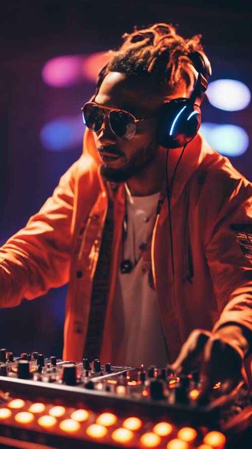 Un DJ energico a un festival musicale che indossa cuffie arancione neon.