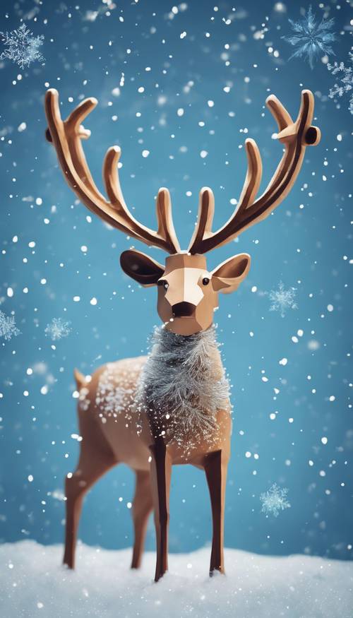 A modern Christmas card design featuring a geometry-styled reindeer against a cool winter blue background with snowflakes falling.