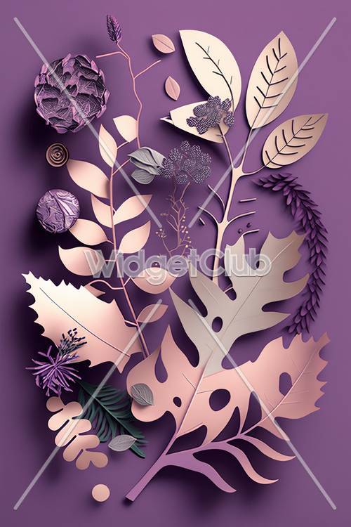 Linda arte em papel roxo com folhas e fundo de flores