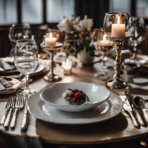 佈置豪華的餐桌，適合溫馨的燭光晚餐，配有酒杯、精美瓷器和銀餐具。