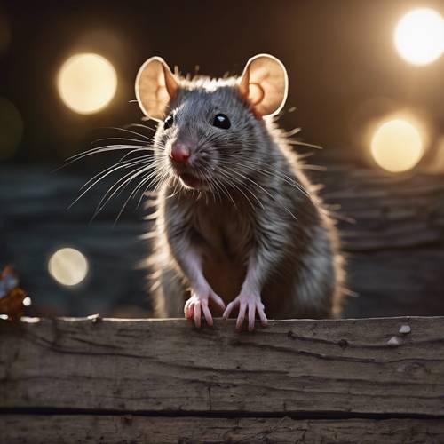Um rato marrom espiando cautelosamente por baixo de uma cerca de madeira que range ao luar.