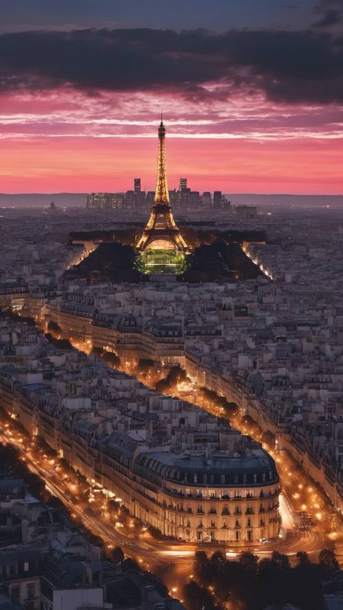A sweeping cityscape silhouette of Paris at dusk, the city lights twinkling below a vibrant sunset.