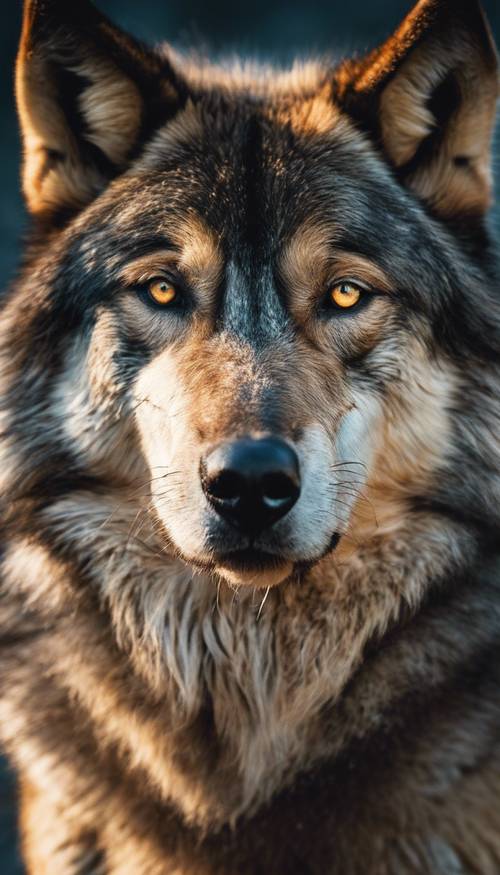 Портрет серьезного темного волка крупным планом, в его впечатляющих глазах отражается заходящее солнце.