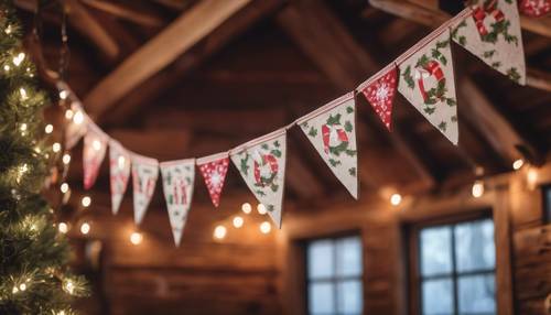 Bandeirinhas temáticas de Natal penduradas em vigas de madeira em uma sala aconchegante.