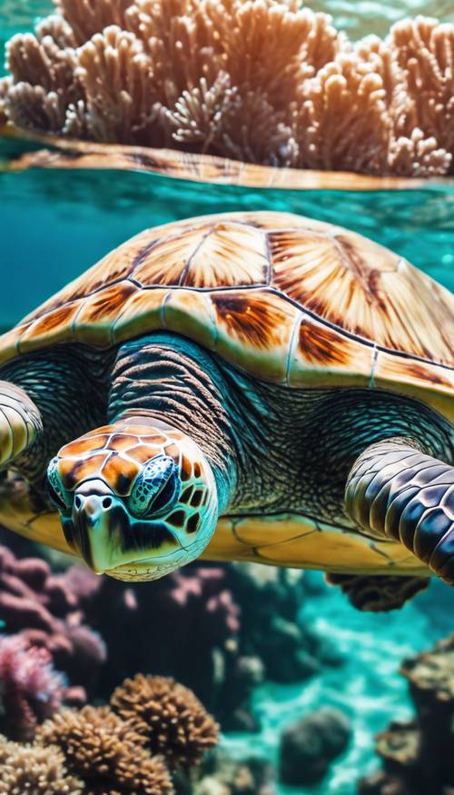 Uma majestosa tartaruga marinha nadando graciosamente entre vibrantes recifes de corais em águas tropicais azul-turquesa.