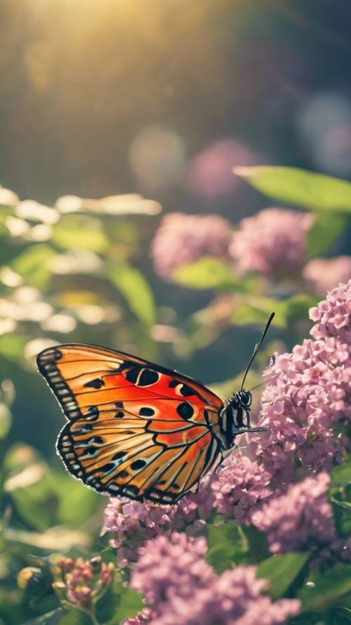 A rainbow-colored butterfly against a sunny backdrop with flowers and greenery.