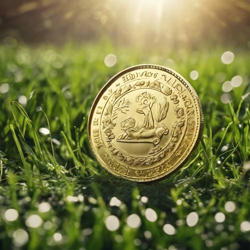 Uma moeda de ouro pousada na grama verde, brilhando ao sol da manhã.