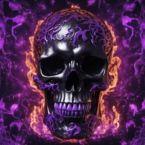 紫色の神秘的な炎に包まれた黒い頭蓋骨