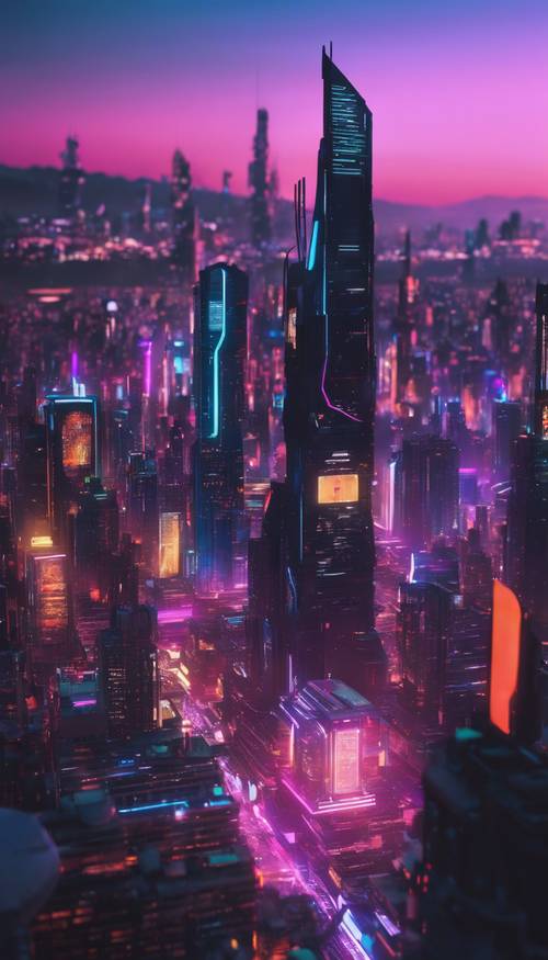 Um horizonte de cidade futurista à noite iluminado por milhares de luzes de néon.