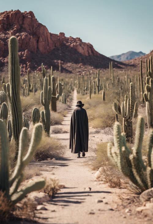 一个孤独的身影沿着一条两旁种满数百株仙人掌的沙漠小路行走。