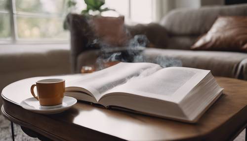 Livro aberto sobre uma mesa de centro na sala de estar de um minimalista elegante, com uma caneca de chá fumegante por perto.