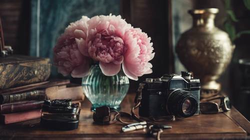 Latar still life vintage yang menampilkan bunga peoni gelap dan objek retro.