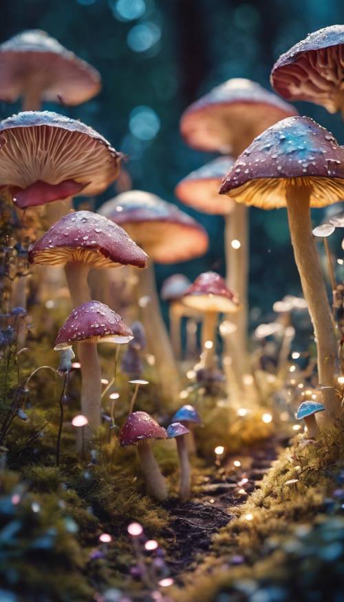 Magiczna akwarela przedstawiająca bajkową krainę wypełnioną luminescencyjnymi grzybami i kolorowymi magicznymi kwiatami.