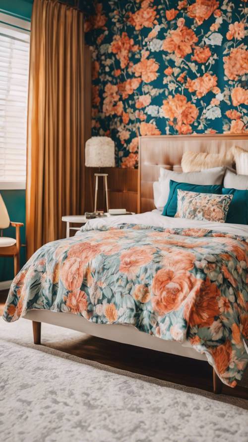 Современная спальня середины века, украшенная ретро-текстилем с цветочным рисунком.