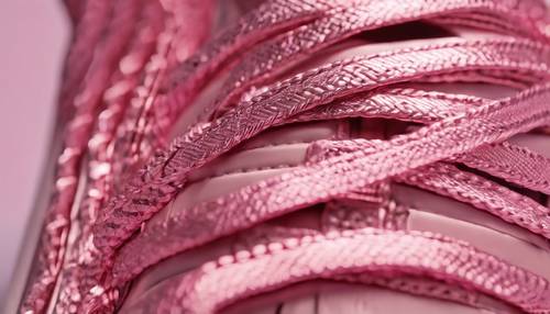 A close-up of pink metallic sneaker laces.