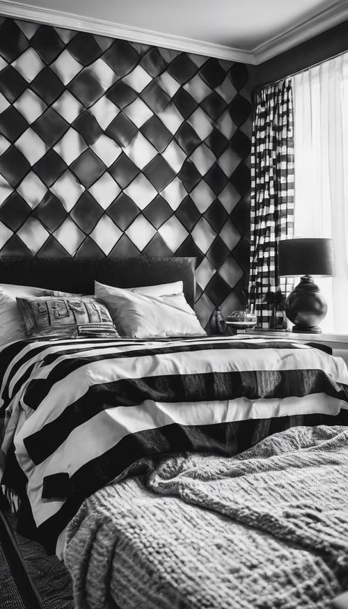 Arredamento della camera da letto in bianco e nero in stile preppy con stampe a quadretti e tende elegantemente a righe.