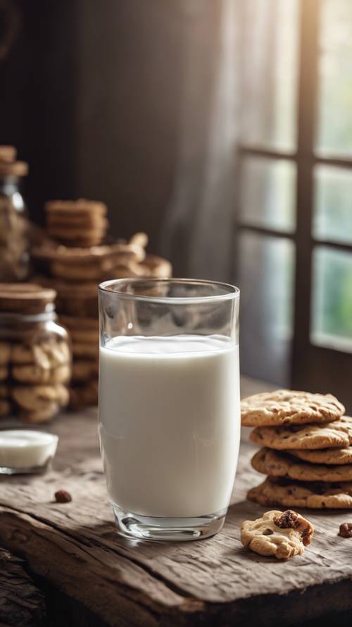 Un vaso alto de leche blanca y fría sobre una mesa rústica de madera con galletas recién horneadas cerca.