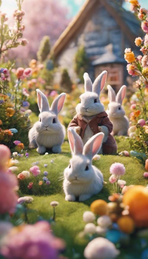 A group of adorable bunnies exploring a colourful, enchanted garden under a bright spring sky.
