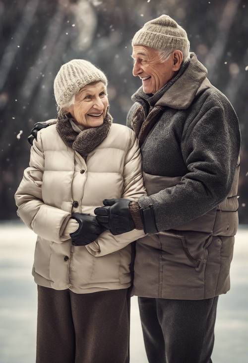 An eldery couple warmly dressed, tenderly ice-skating together.