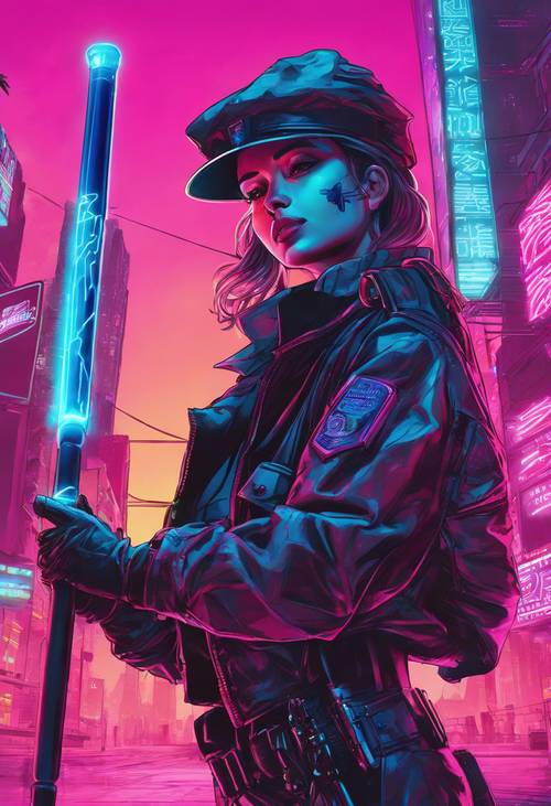 Eine Polizistin mit einem leuchtenden Schlagstock steht vor dem Hintergrund einer neonfarbenen Cyberpunk-Stadtlandschaft.