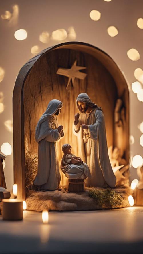 A classic depiction of the nativity scene, with the holy family aglow in the soft, ethereal moonlight.