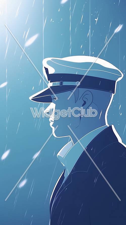 Ragazzo marinaio in blu sotto la pioggia