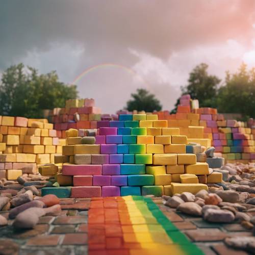 A visão extravagante de um arco-íris terminando em uma pilha de tijolos amarelos.