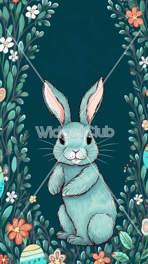 かわいい青いウサギが緑色の花の楽園にいる壁紙