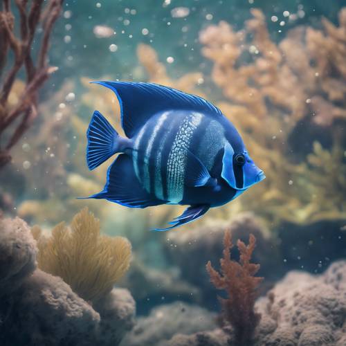 رسم باستيل ناعم لسمكة ملائكية زرقاء داكنة على خلفية مائية هادئة.