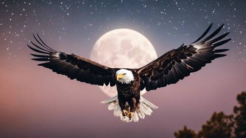 Uma águia americana voando contra o pano de fundo de uma lua cheia brilhante.