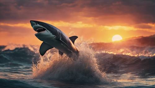 A playful shark surfing the waves in the darkened sea against a fiery sunset sky.