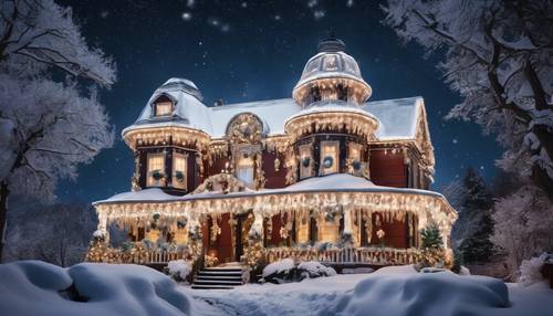 A grand Victorian house dressed in dazzling Christmas lights and decorations, standing majestically in the crystalline snow under a star-studded night sky.