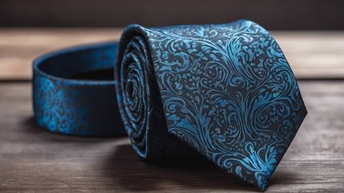 A handmade blue damask necktie against a charcoal black tailored suit.
