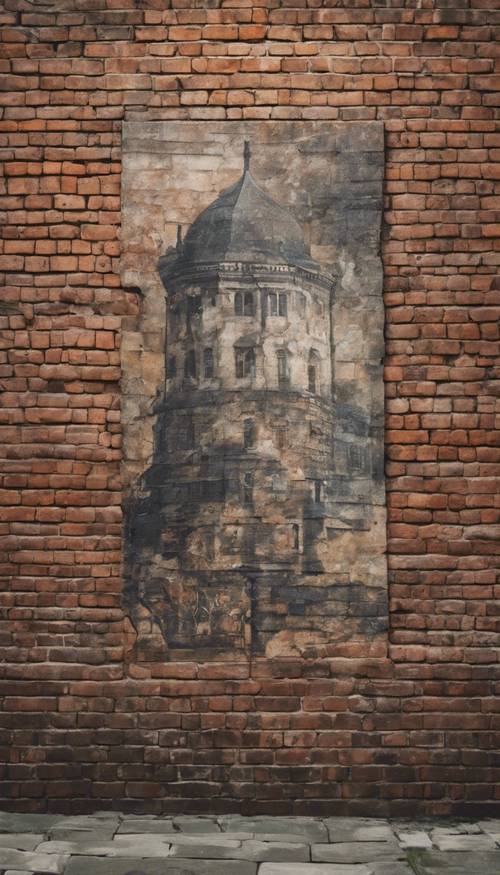 A beautiful and detailed vintage mural painted on an old brick wall.